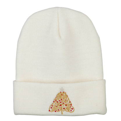Glitter Merry Christmas Tree Embroidered Long Knitted Beanie